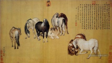  ancien - Lang brillant huit chevaux ancienne Chine encre Giuseppe Castiglione
